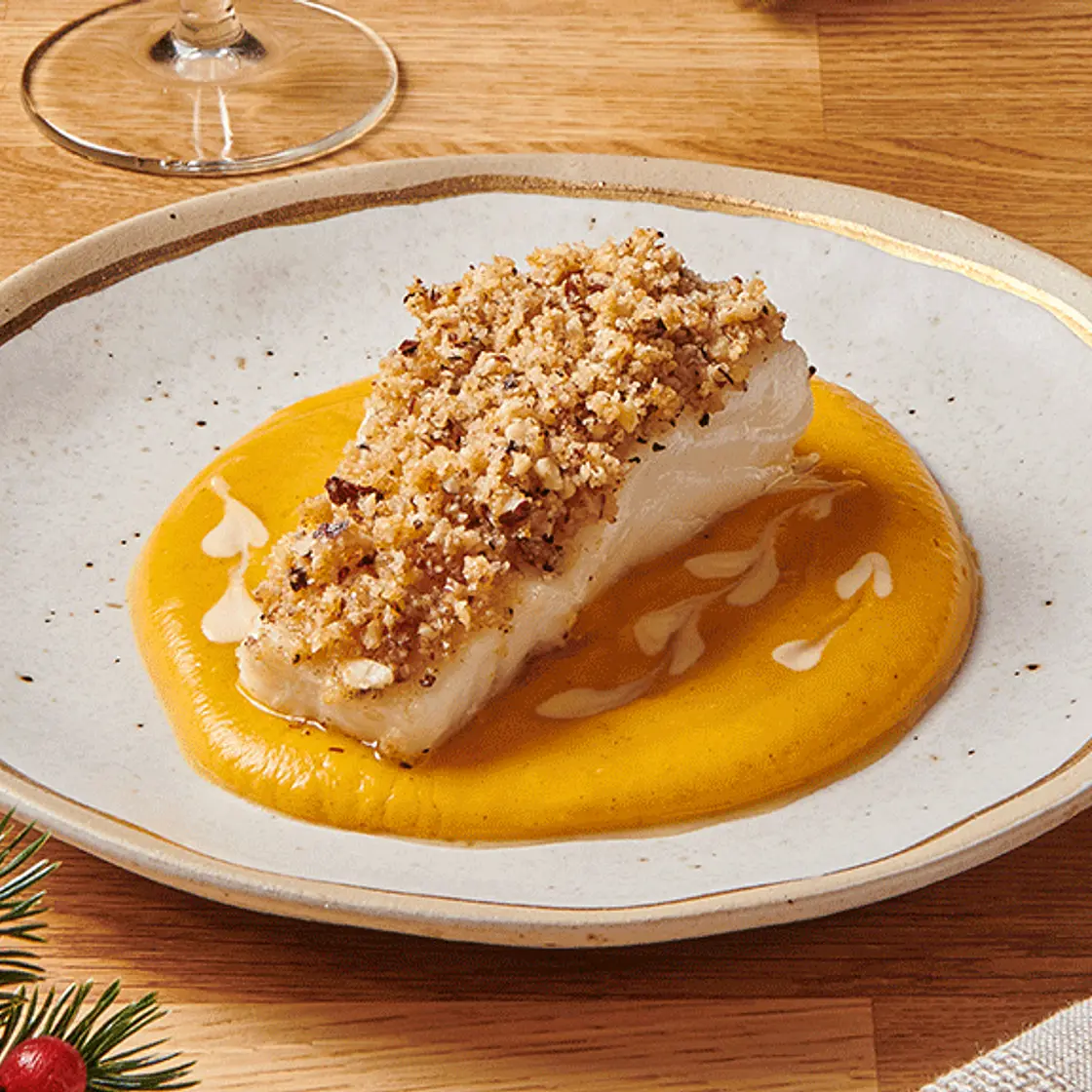 Dos de cabillaud croustillant aux noisettes, Courge butternut à la Cannelle