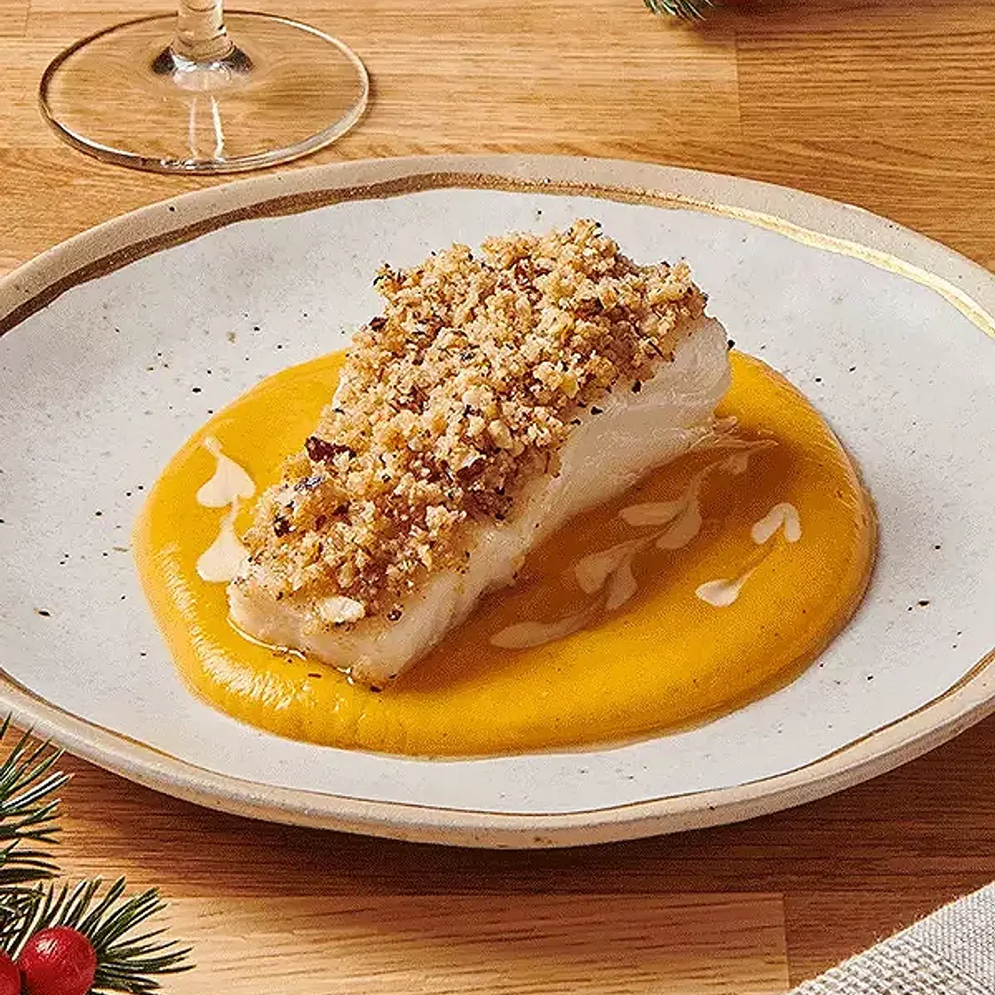Dos de cabillaud croustillant aux noisettes, Courge butternut à la Cannelle