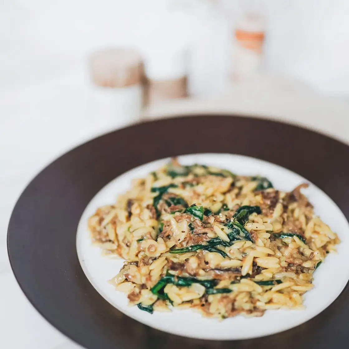 One Pan Vegan Orzo with Spinach and Braised Beef