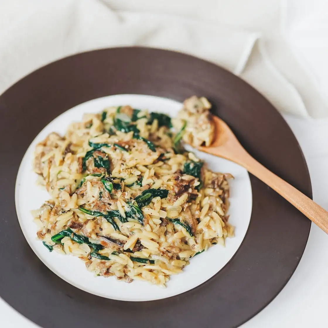 One Pan Vegan Orzo with Spinach and Braised Beef