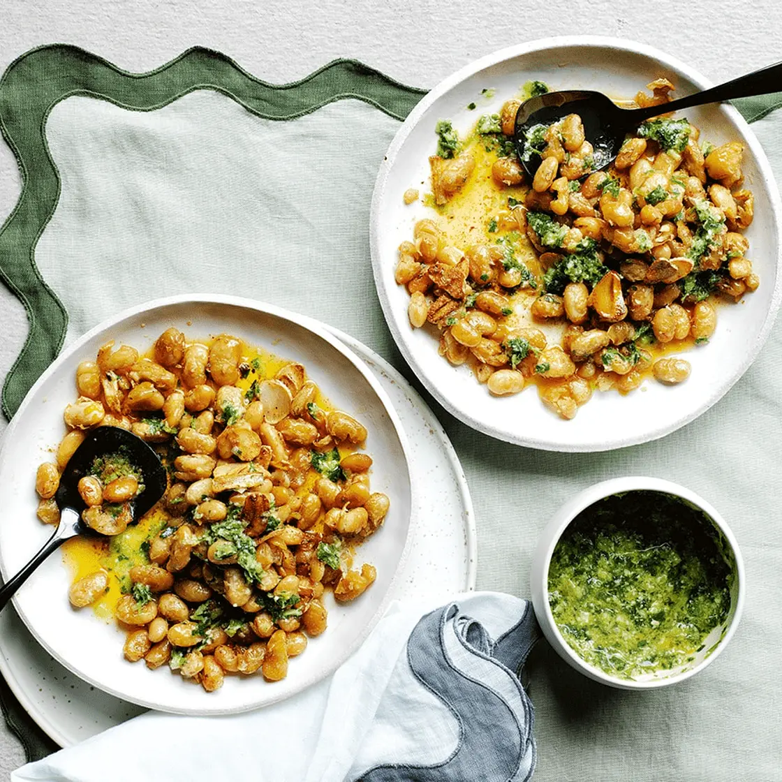 Yotam Ottolenghi's brown-butter butter beans with lemon and pesto