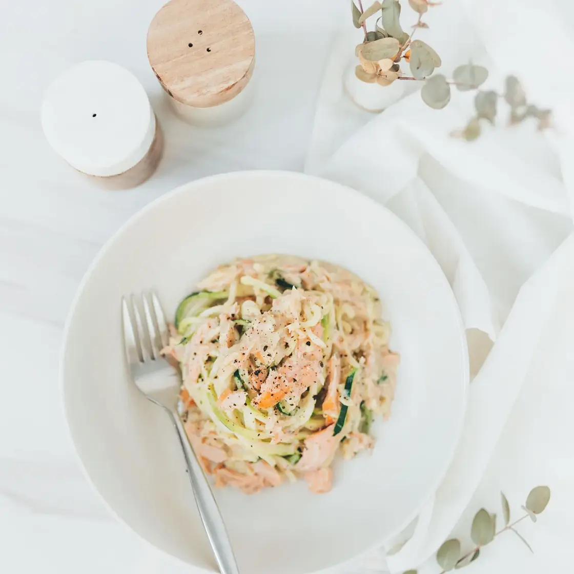 One Pan Creamy Zoodles with Hot Smoked Salmon