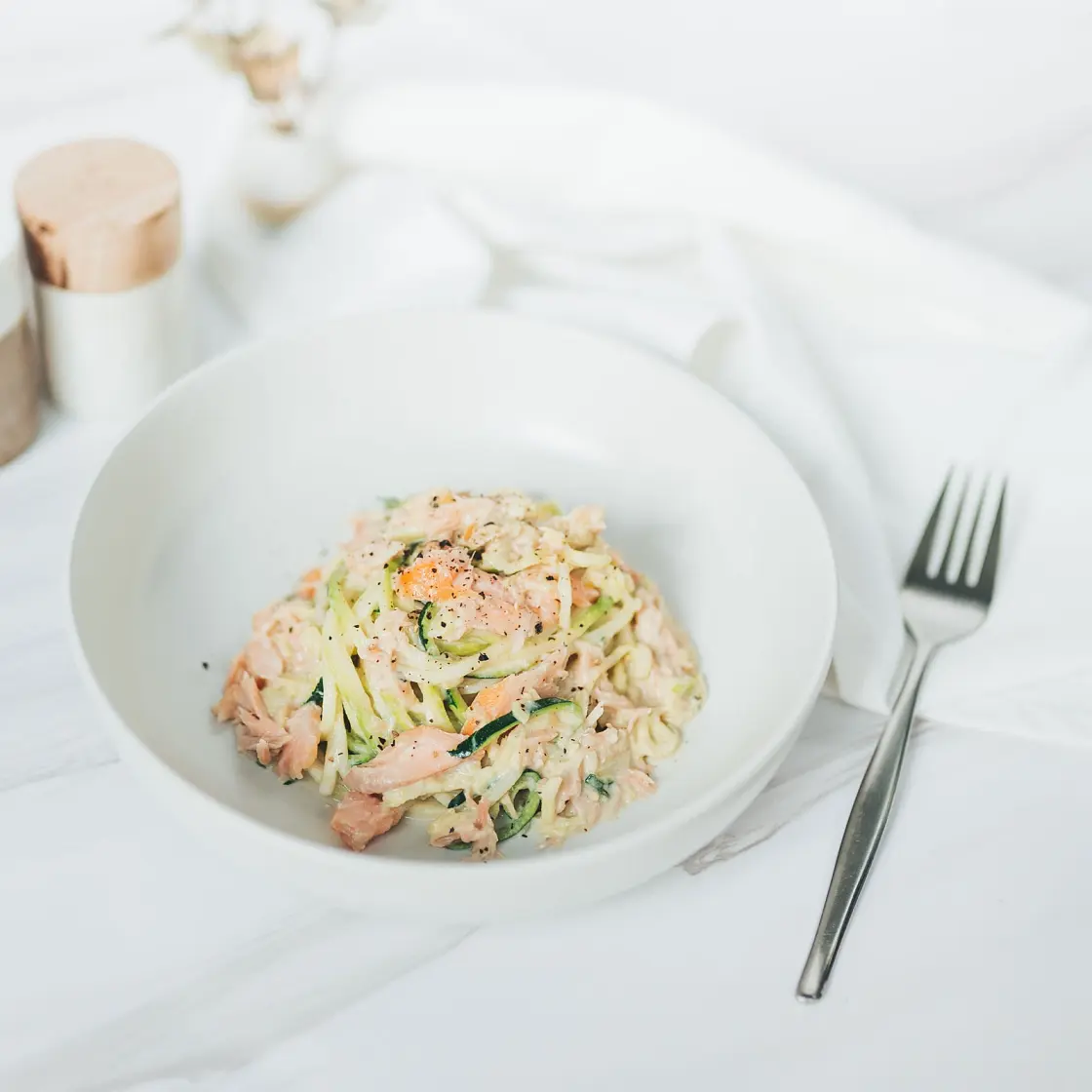 One Pan Creamy Zoodles with Hot Smoked Salmon