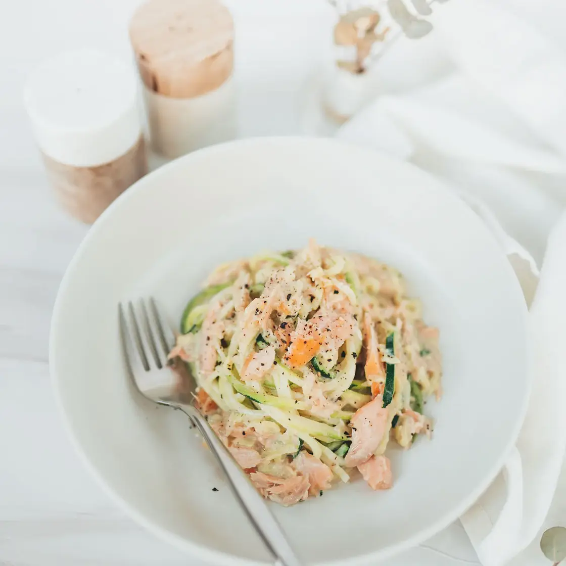 One Pan Creamy Zoodles with Hot Smoked Salmon