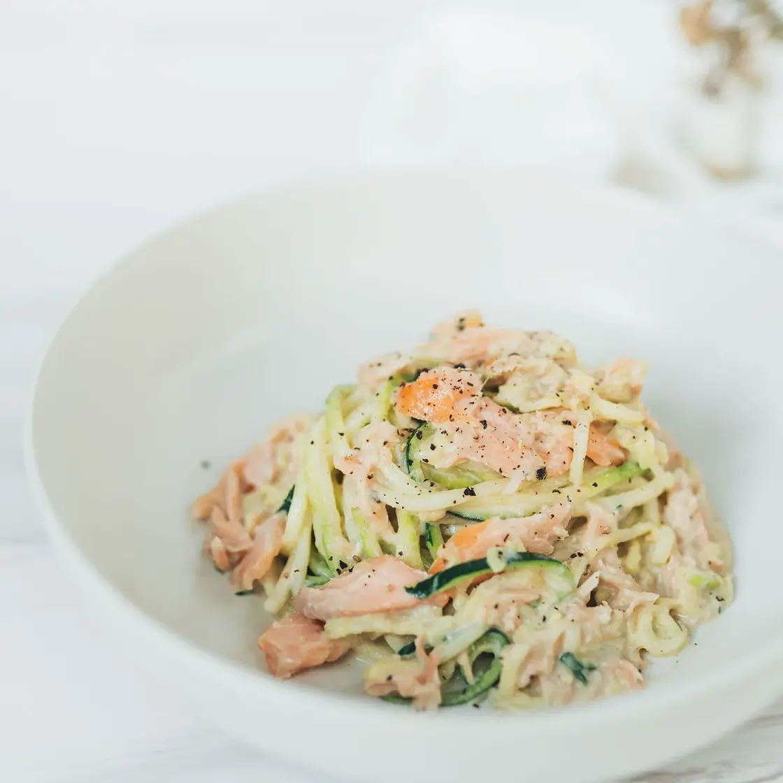 One Pan Creamy Zoodles with Hot Smoked Salmon