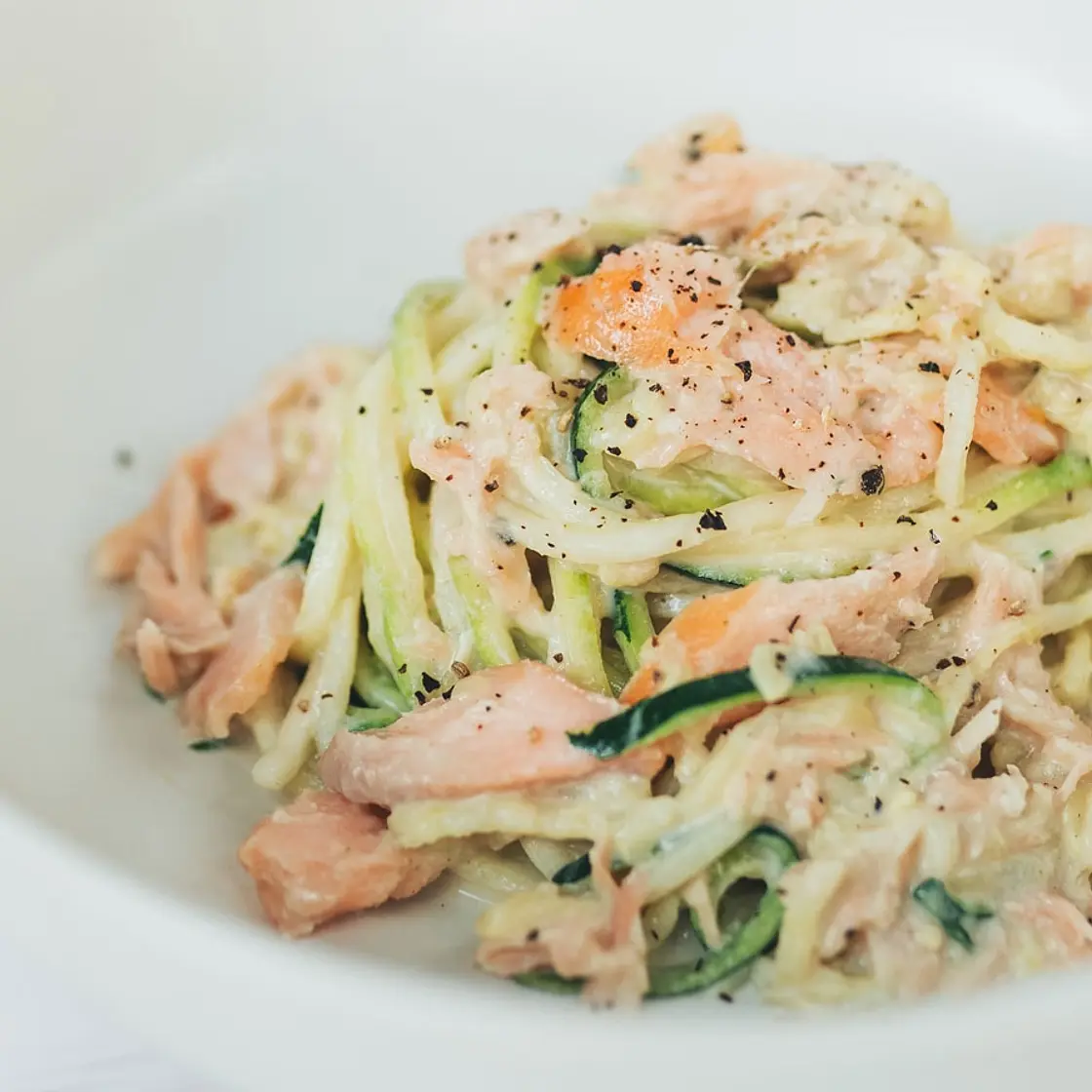 One Pan Creamy Zoodles with Hot Smoked Salmon