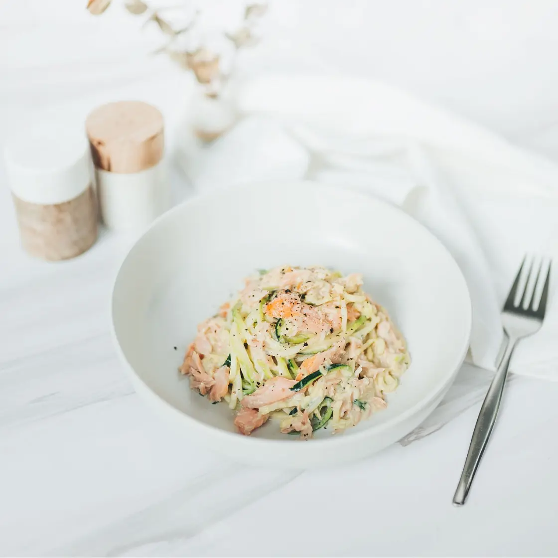 One Pan Creamy Zoodles with Hot Smoked Salmon