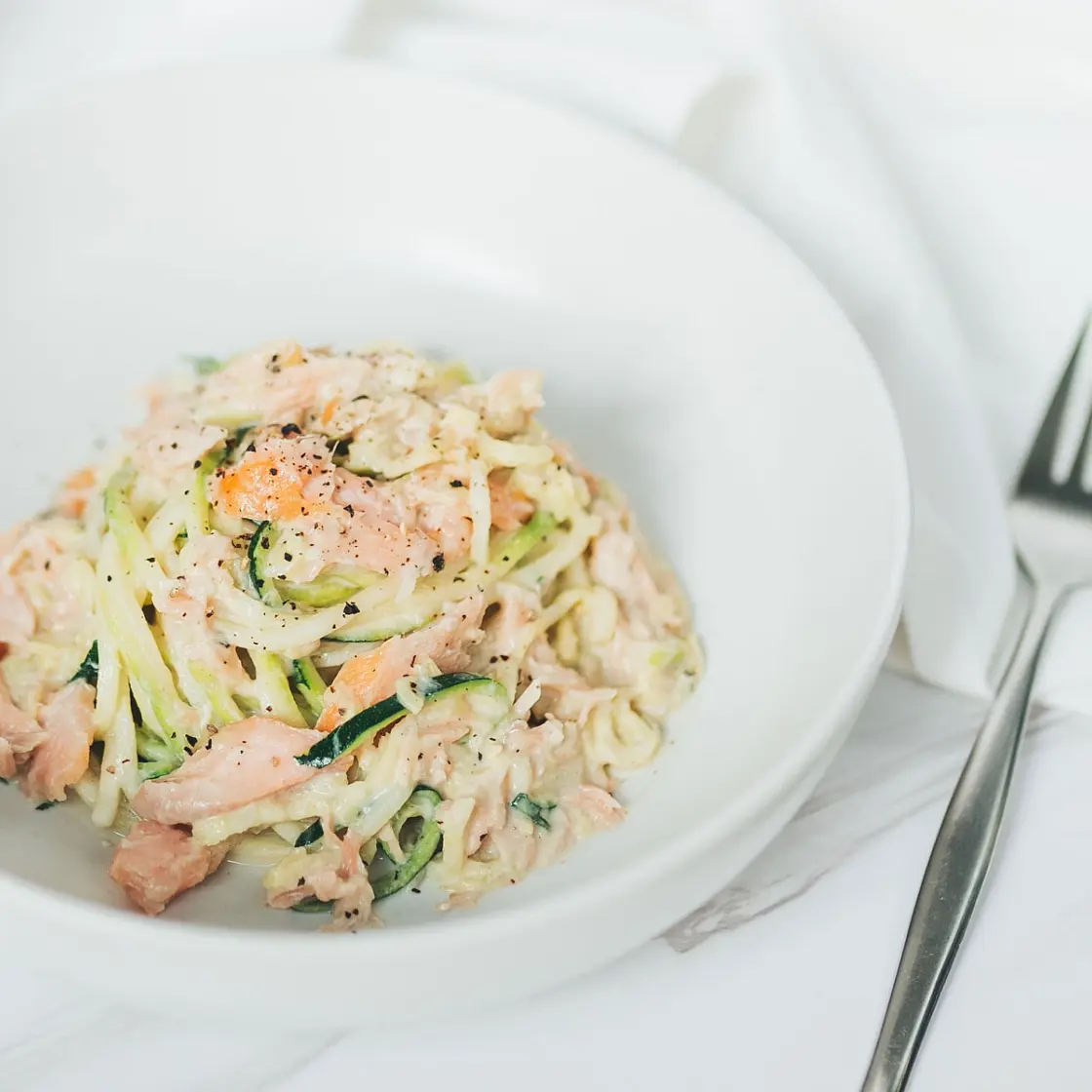 One Pan Creamy Zoodles with Hot Smoked Salmon