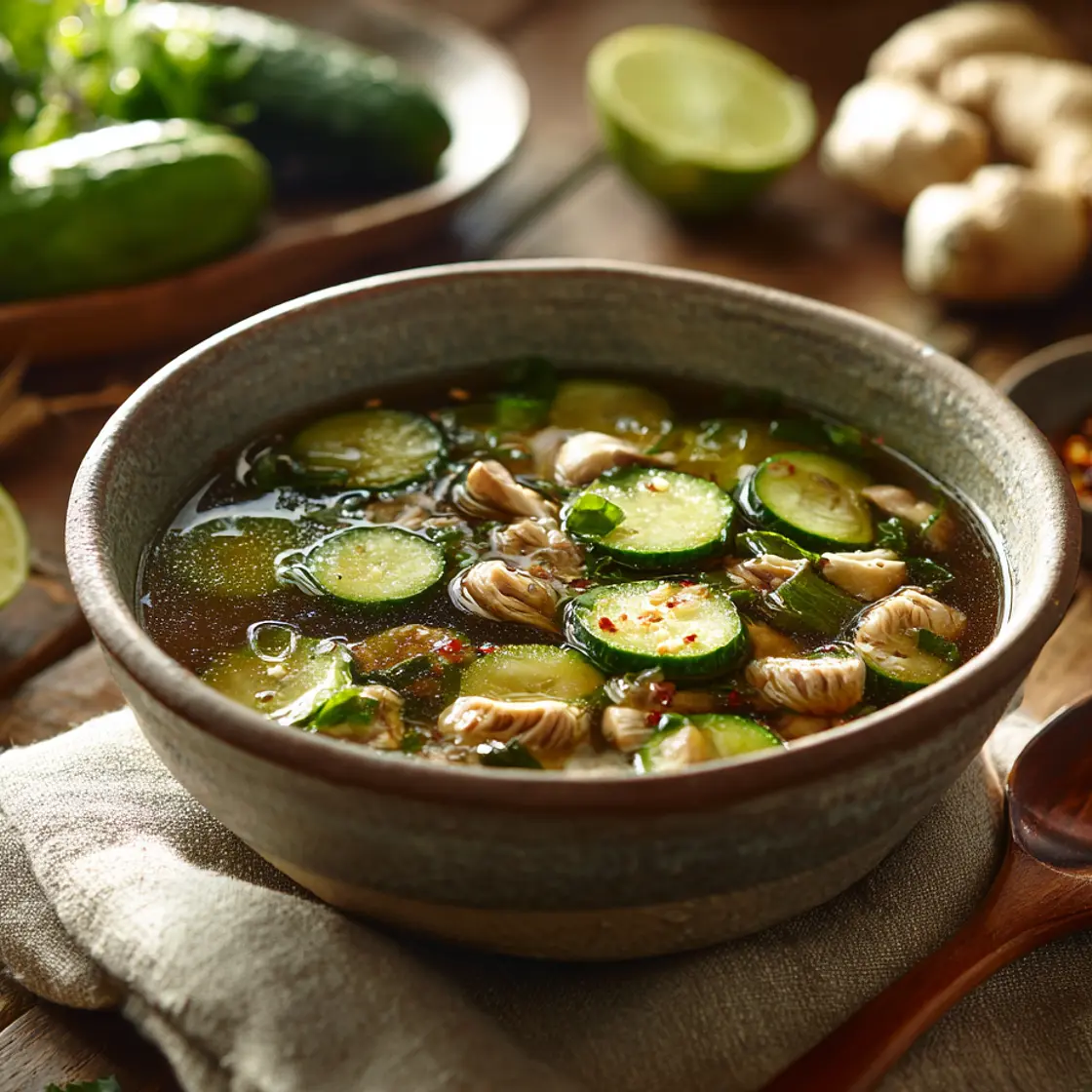Filling Stuffed Cucumber Soup With Chicken and Mushrooms