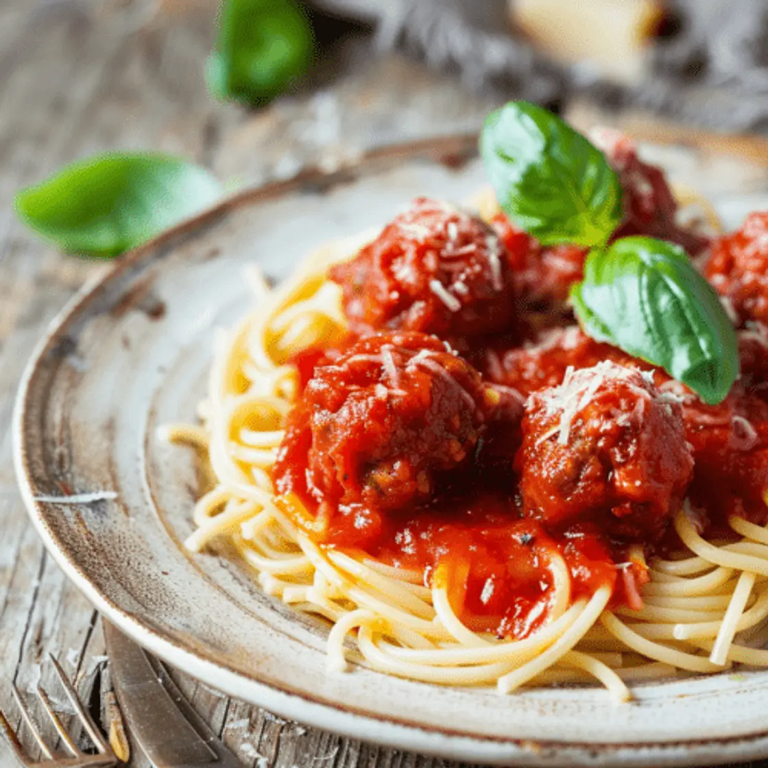 Spaguettis con Albondigas Vegetarianas en Salsa Marinara