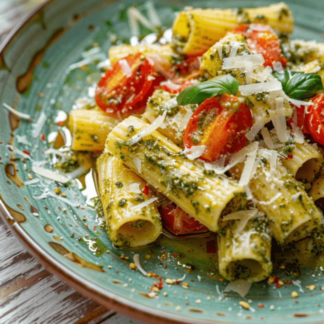Rigatoni con Pesto de Albahaca y Tomatitos Cherrys