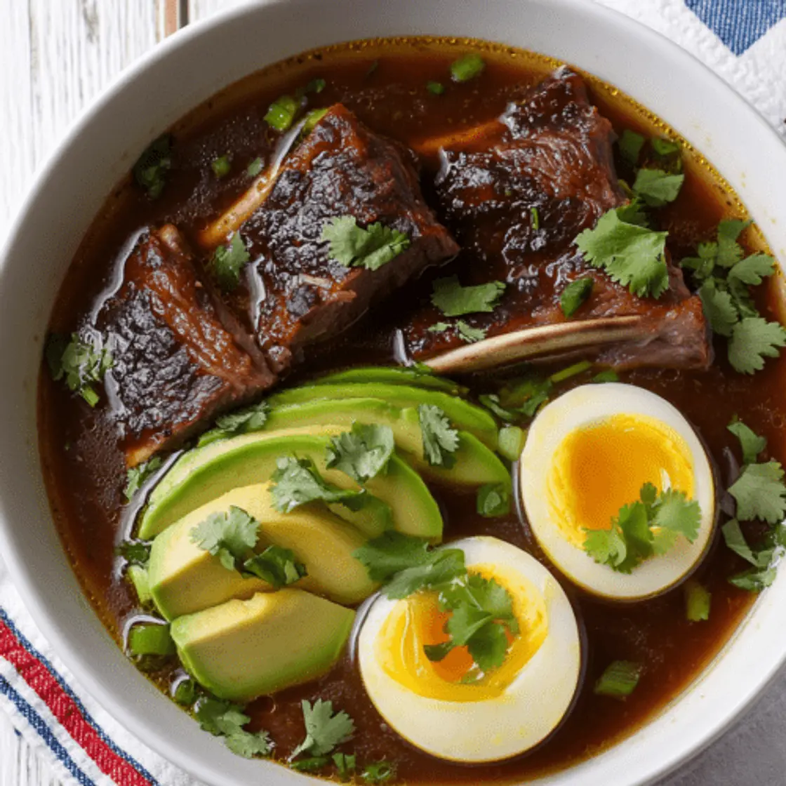 Caldo de Costilla Keto con Palta, Huevo Duro y Cilantro