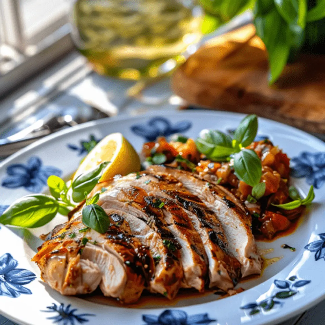Pechuga de Pavo Asada con limon y albahaca con Caponata Siciliana