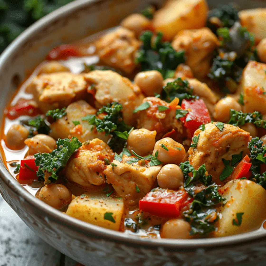 Guiso Saludable de Pollo, Garbanzos, Kale y Verduras Con Curcuma y Jengibre