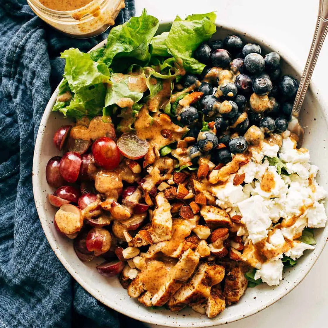 Rainbow Chicken Salad with Almond Honey Mustard Dressing