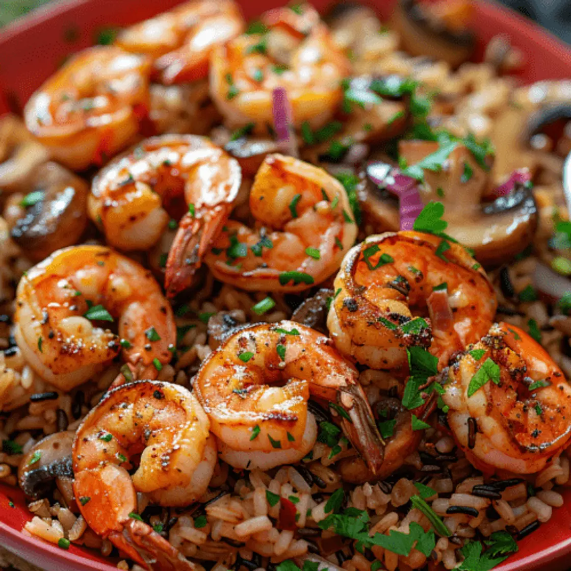 Camarones al Ajillo con Arroz Salvaje con Hongos y Cebolla