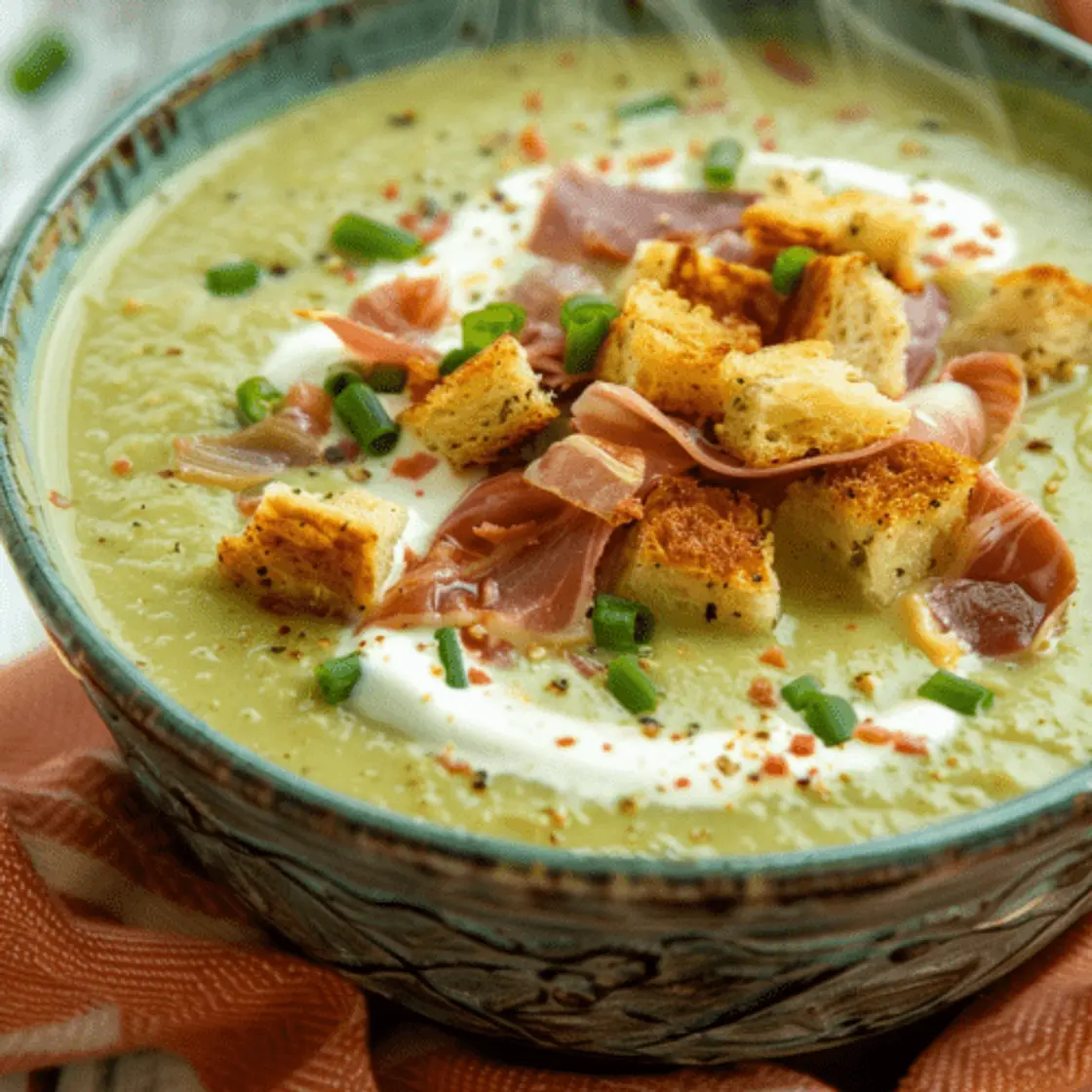 Sopa Crema de Espárragos con Jamón Crudo, Croutones y Sour Cream