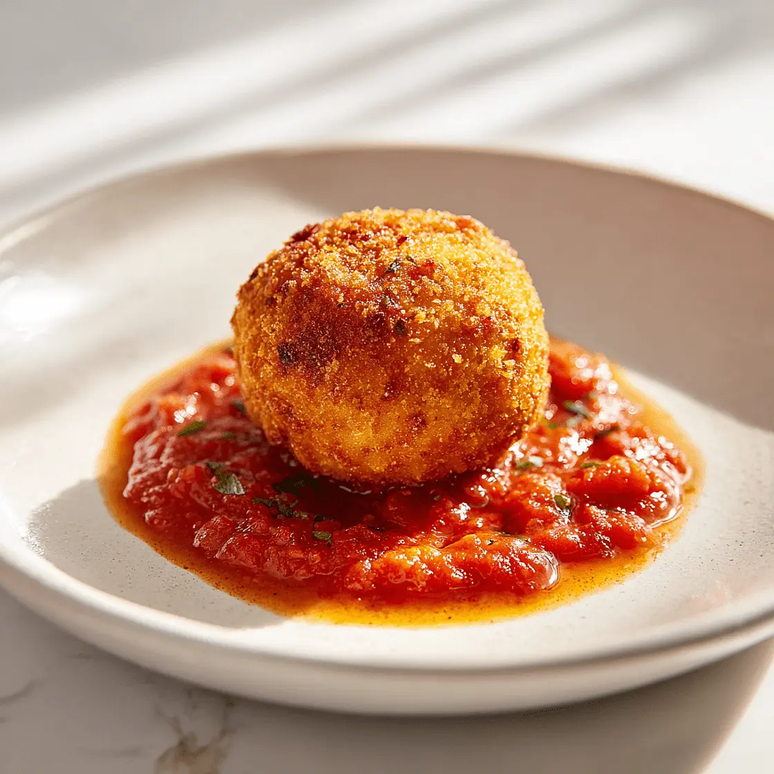 Arancini (panierte und gefüllte Risottobällchen) mit Sauce all’arrabbiata