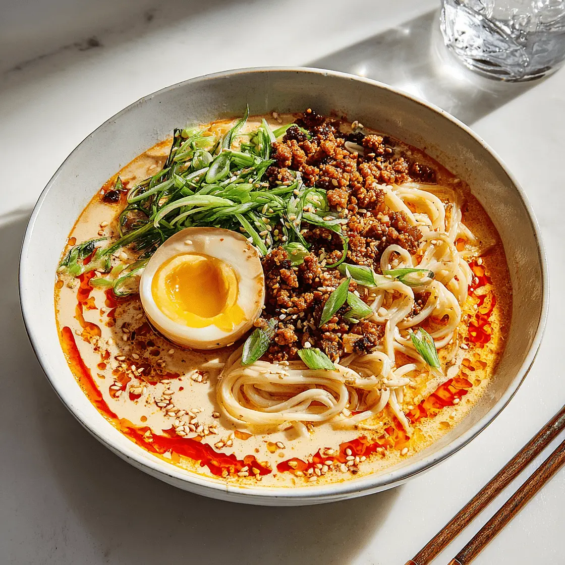 Tantanmen Sichuan Style mit vegetarischem Hack, Mais und einem Ramenei