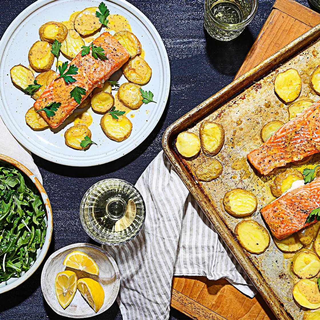 Bobby Flay's Sheet Pan Salmon with Roasted Potatoes and Creamy Meyer Lemon Dressing