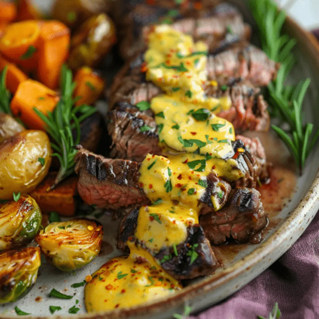 Entraña a la Plancha con Emulsión de Pimientos Amarillos Asados con Especias y Verduras la Horno