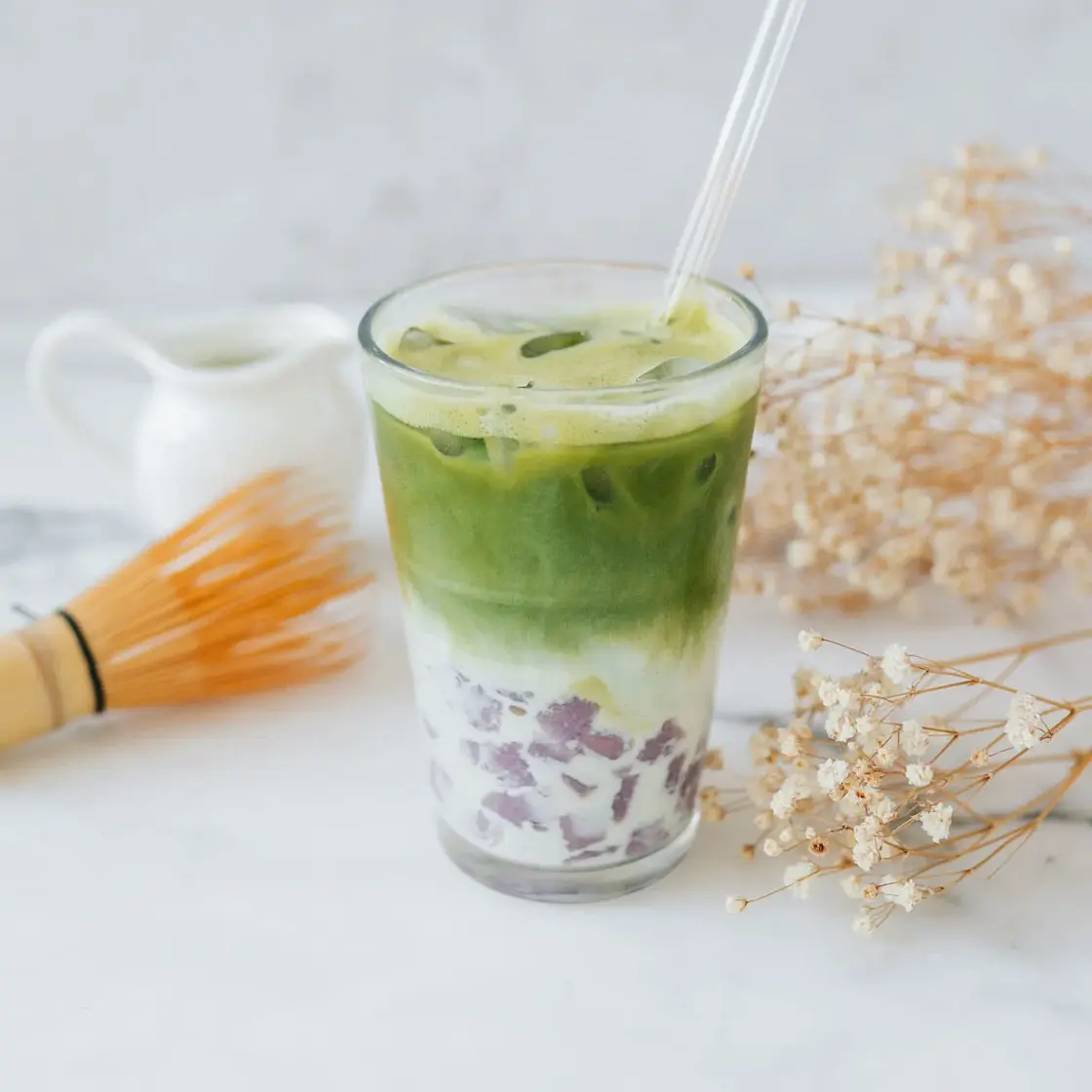 Matcha Latte with Mini Taro Balls