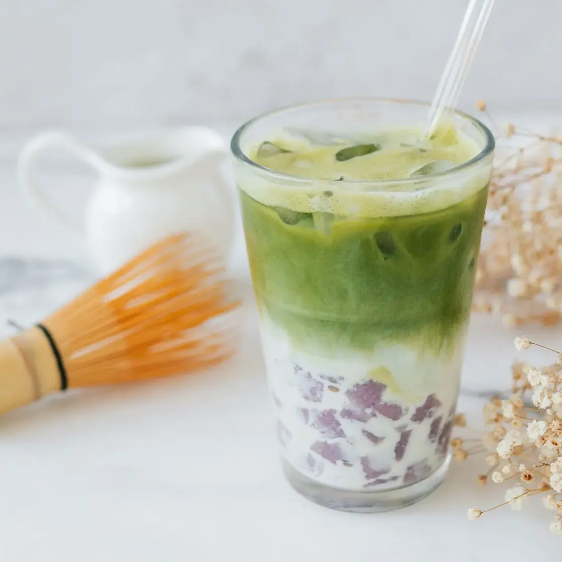 Matcha Latte with Mini Taro Balls