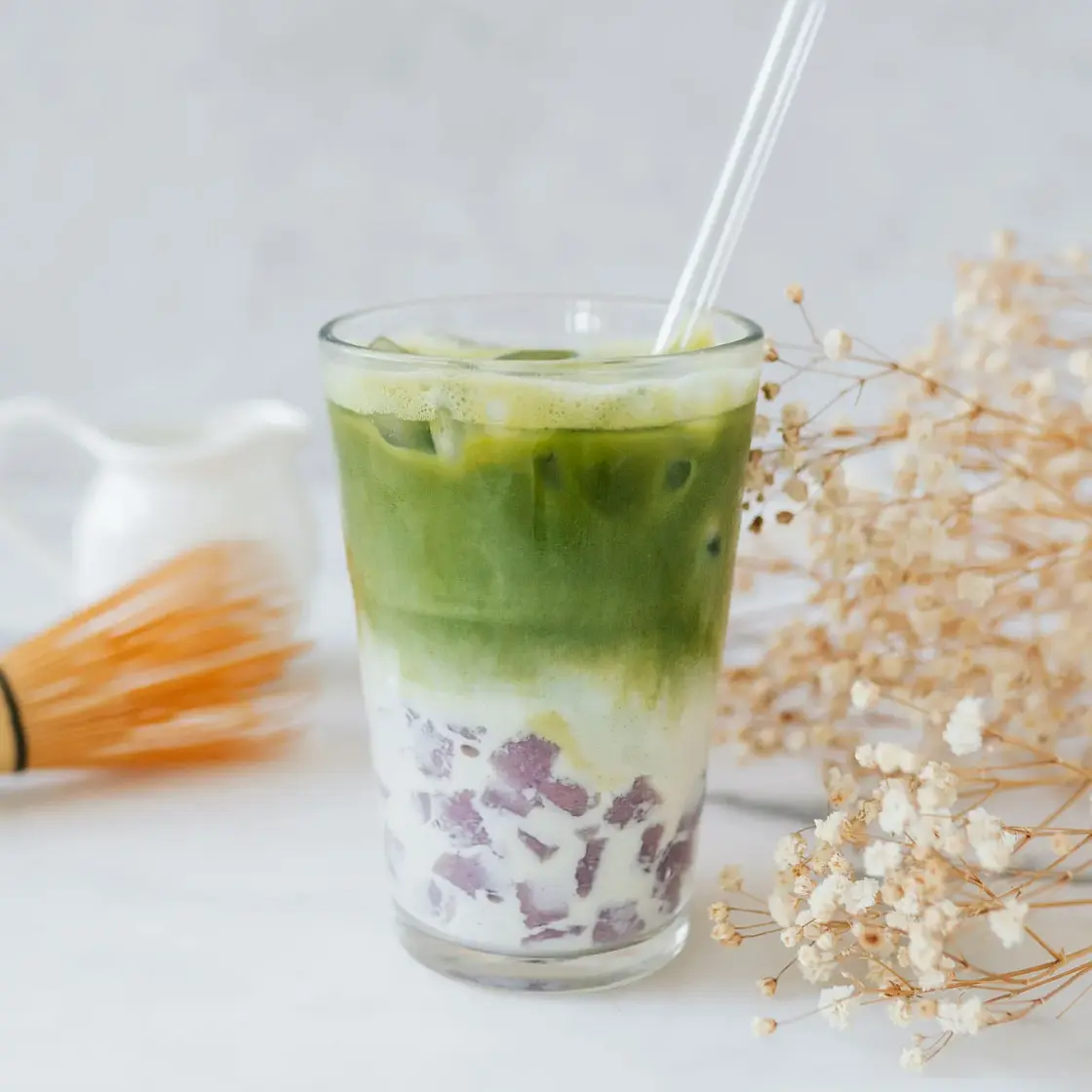 Matcha Latte with Mini Taro Balls