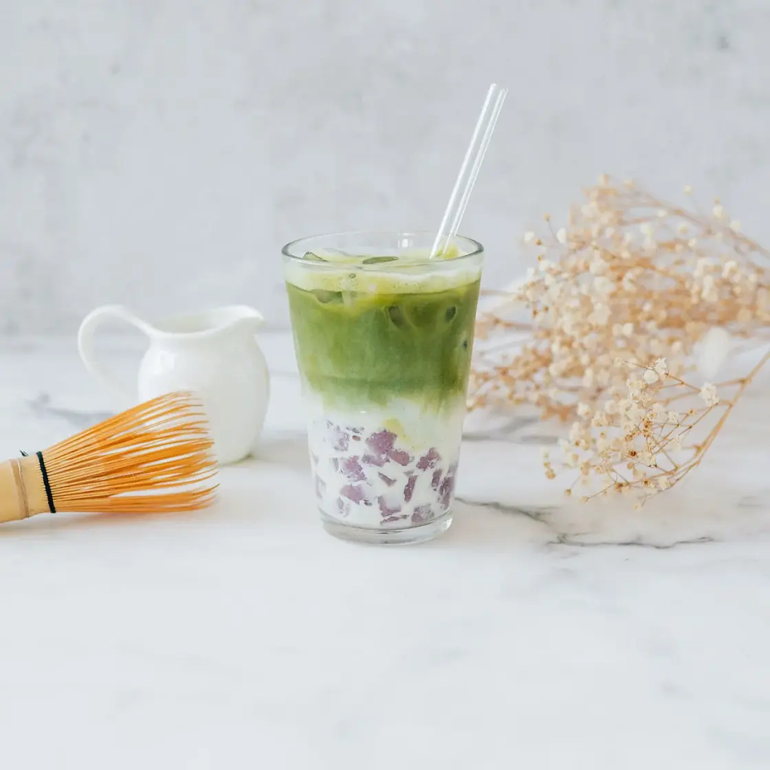 Matcha Latte with Mini Taro Balls