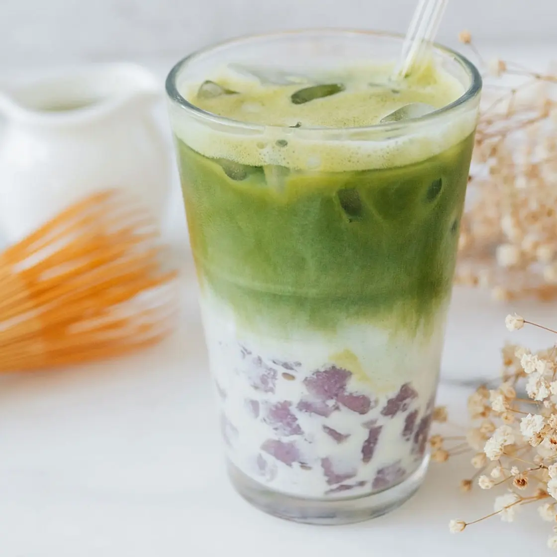 Matcha Latte with Mini Taro Balls