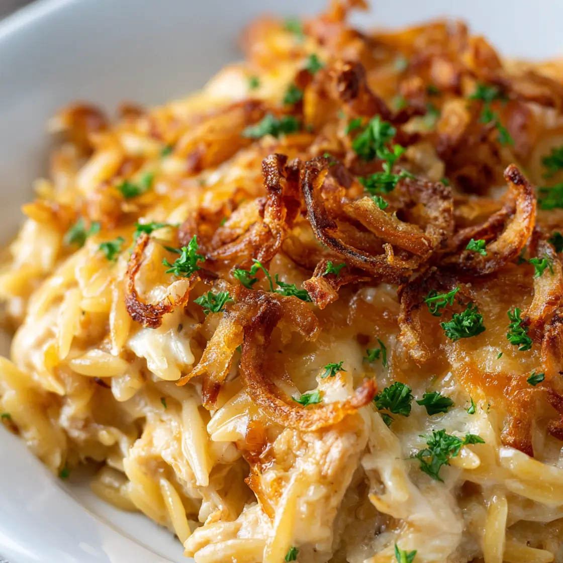French Onion Chicken Orzo Casserole