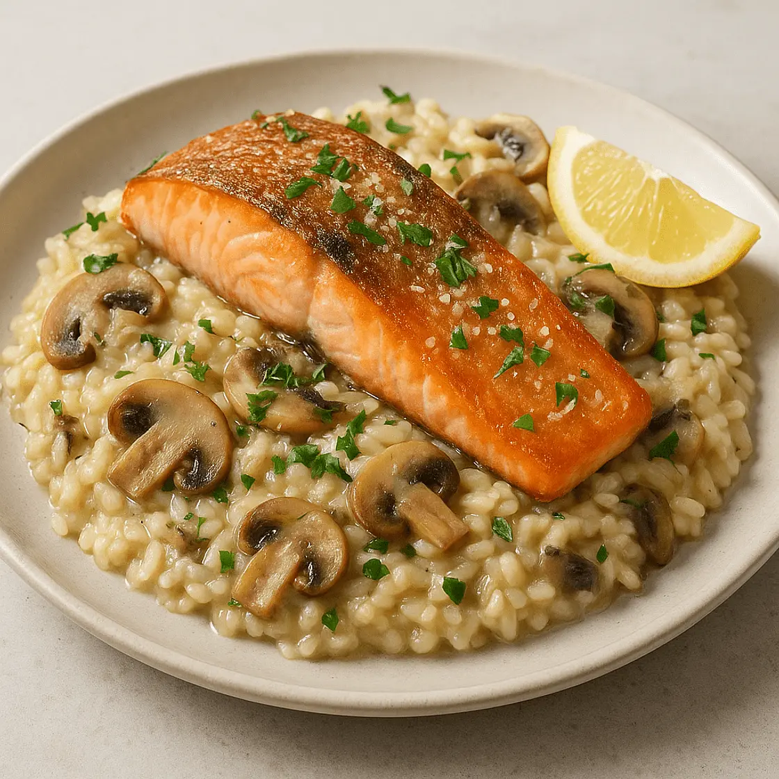 Risotto champignons & saumon poêlé x2 🐟🍄 • 📊 720Kcal | 38P 47G 39L 6F