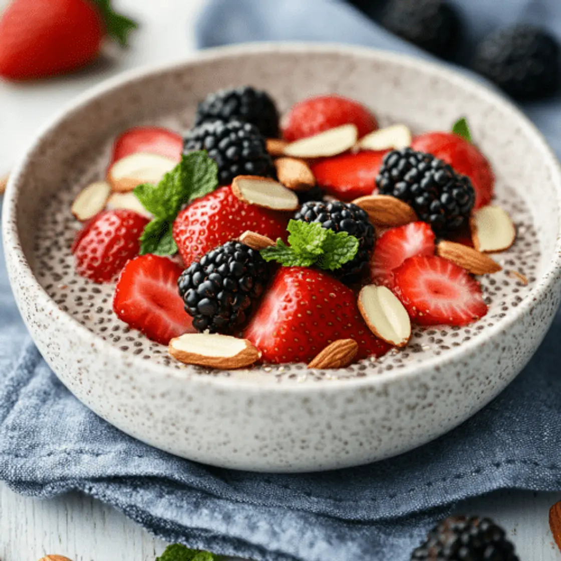 Chia Pudding Keto con Yogur Griego, Moras y Frutillas