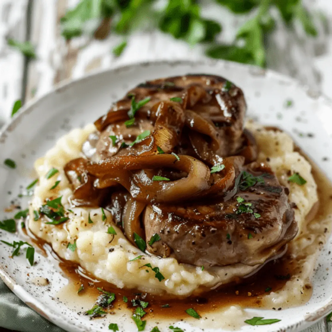 Hígado de Ternera Encebollado con Puré de Coliflor, Ajo Asado y Queso Sardo