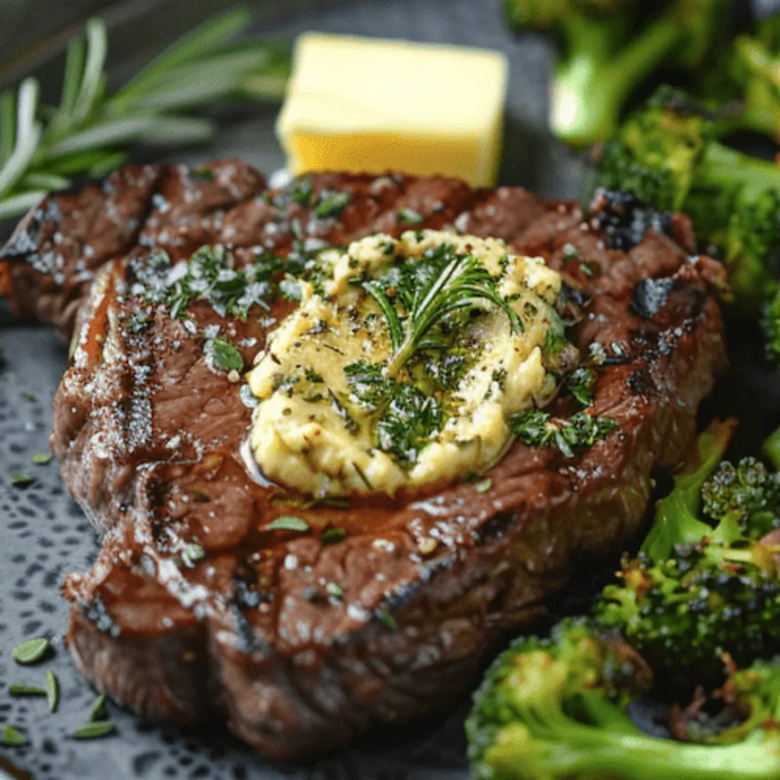 Entrecôte con Manteca de Romero y Brocolis Asados Con Baba Ganoush