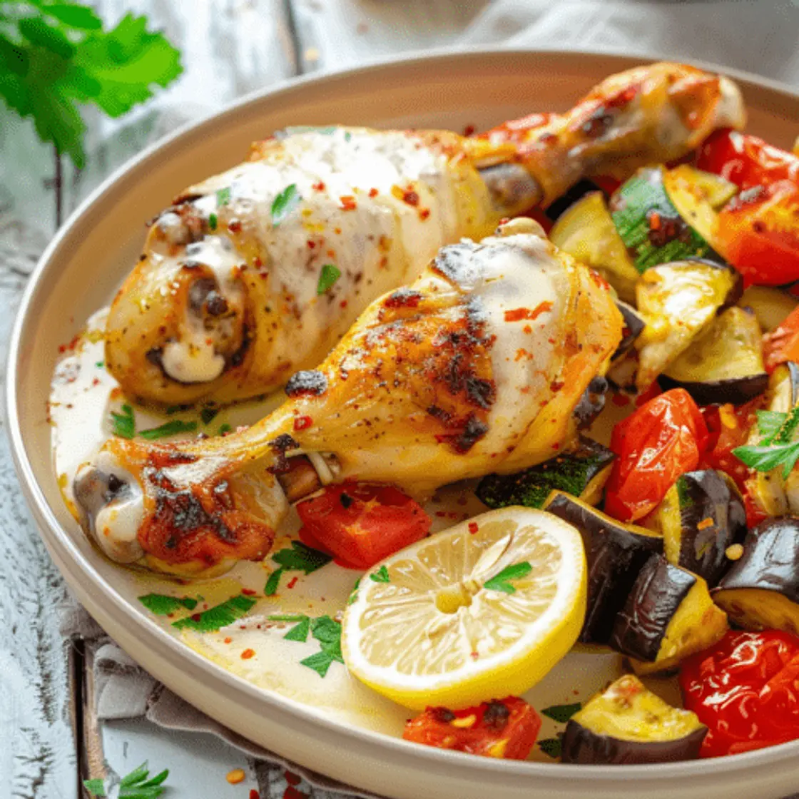 Patitas de Pollo al Horno Adobado con Limón y Pepperoncini, Ratatouile y Salsa Bagna Cauda