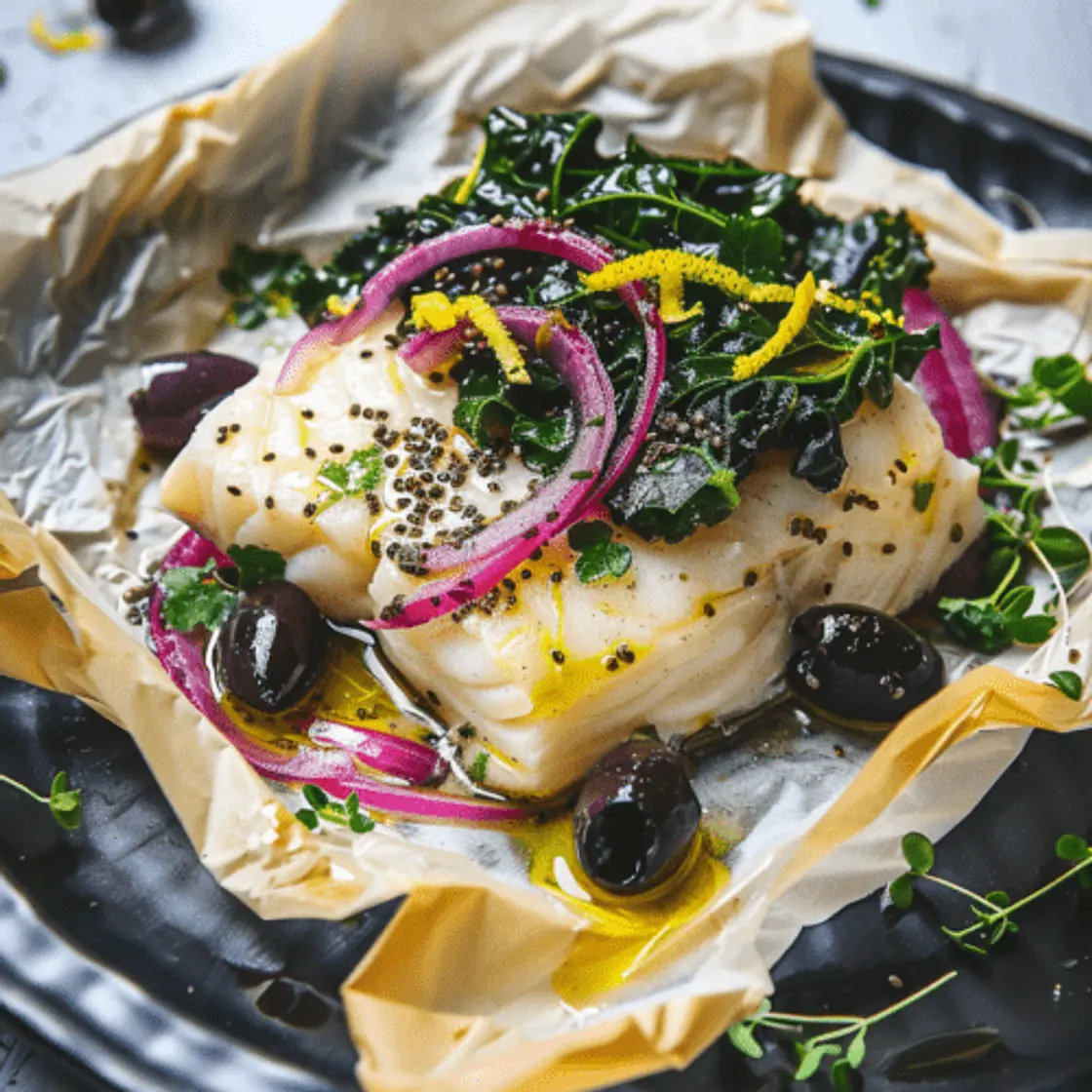 Papillote de Corvina con Kale y Aromas Cítricos