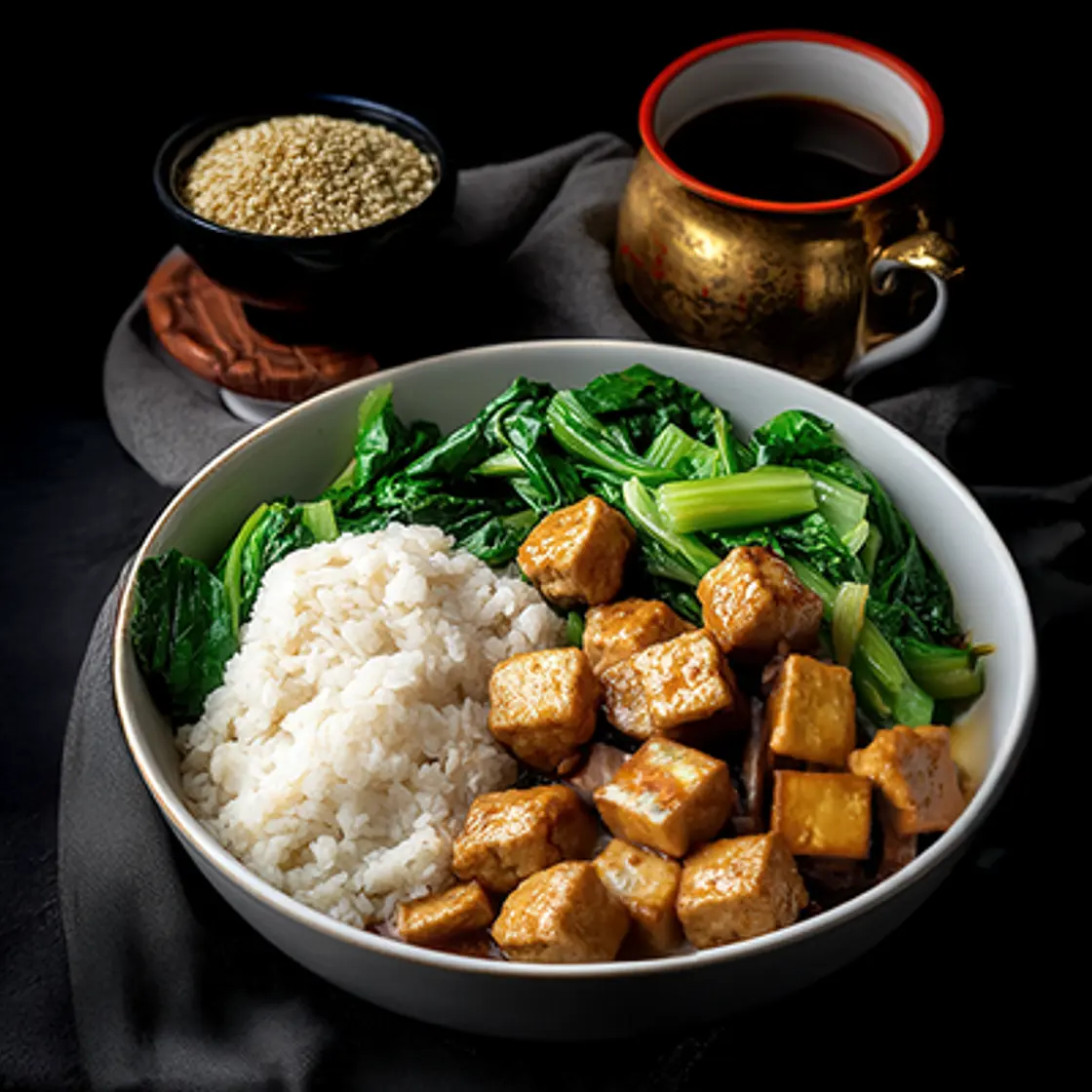 Marinated Tofu with Asian Greens & Rice