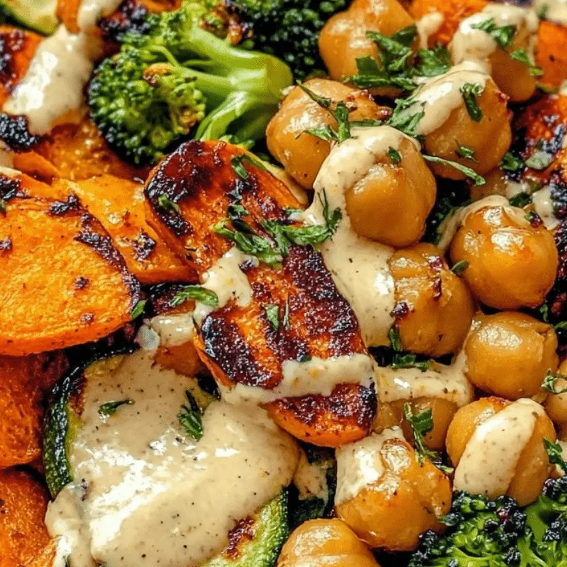Roasted Veggie Chickpea Bowls with Maple Dijon Tahini Dressing