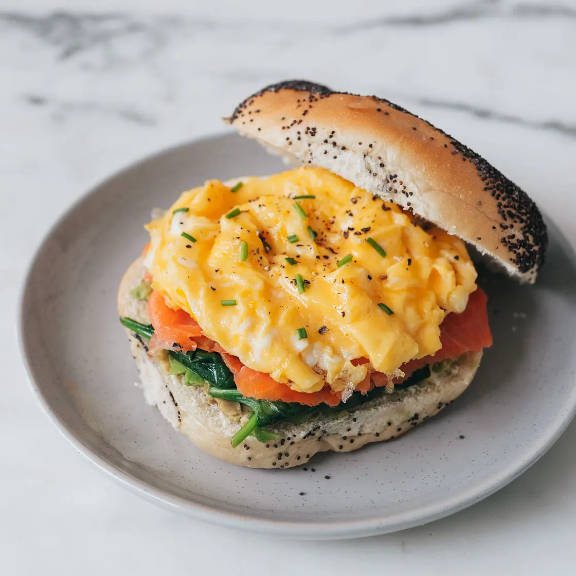 Smoked Salmon Scrambled Egg Bagel Sandwich