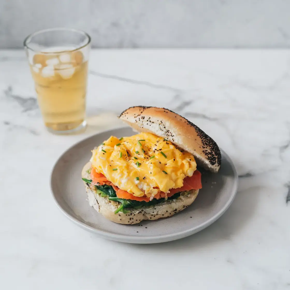 Smoked Salmon Scrambled Egg Bagel Sandwich