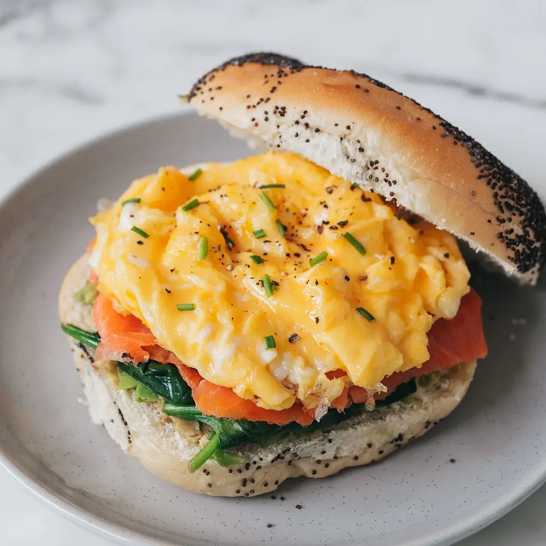 Smoked Salmon Scrambled Egg Bagel Sandwich