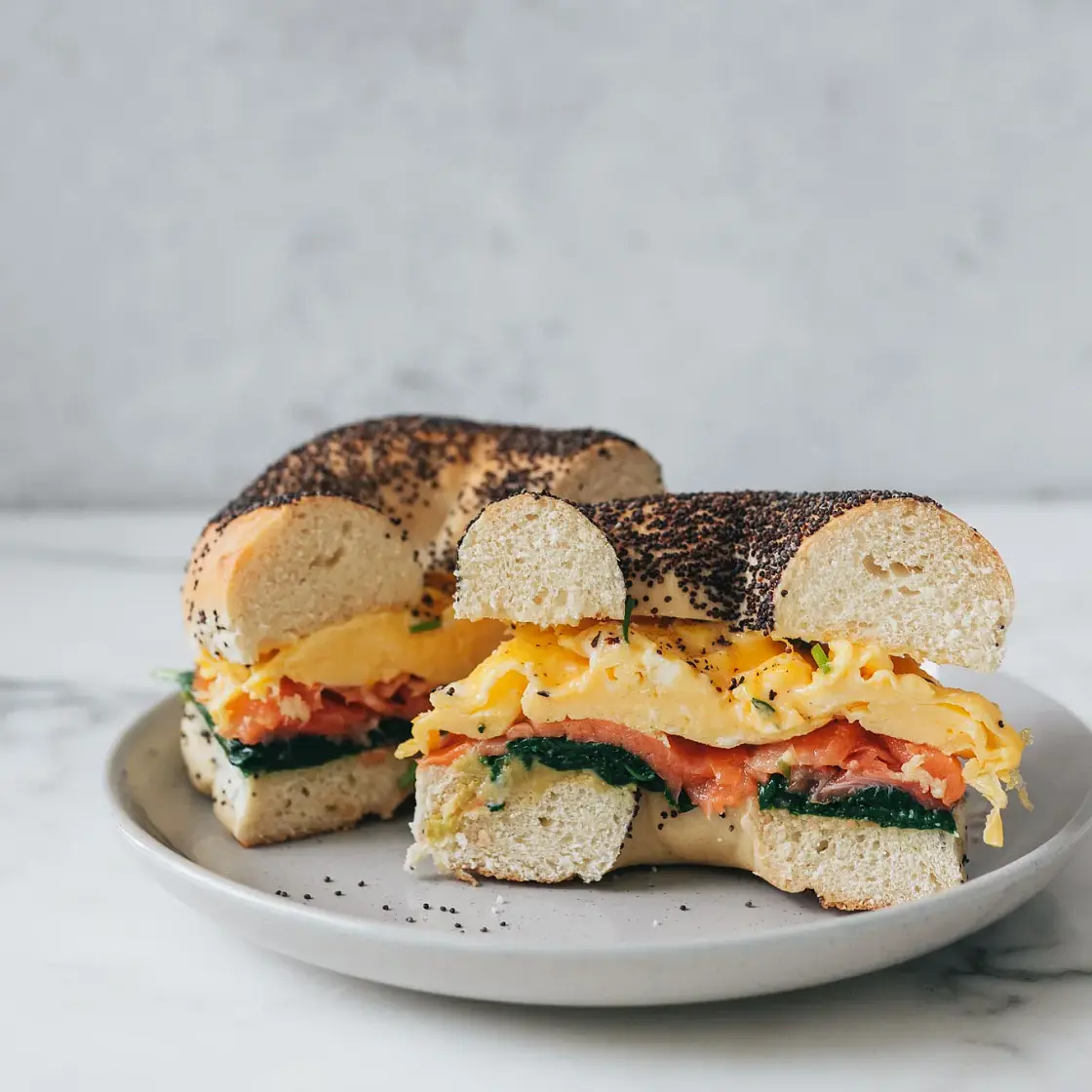 Smoked Salmon Scrambled Egg Bagel Sandwich