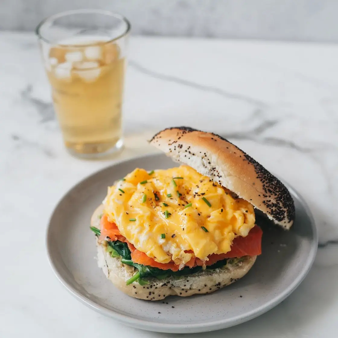 Smoked Salmon Scrambled Egg Bagel Sandwich