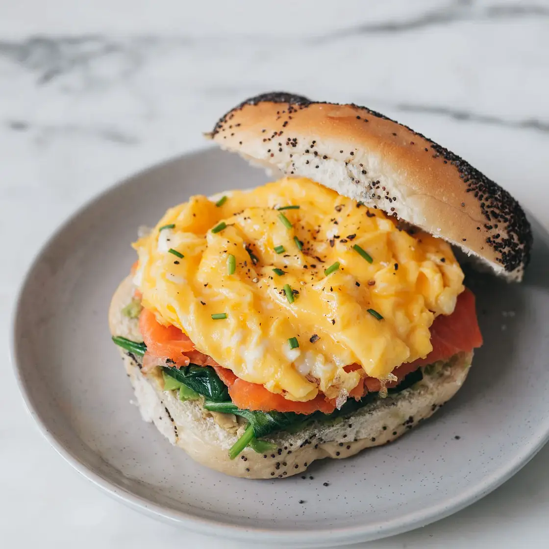 Smoked Salmon Scrambled Egg Bagel Sandwich