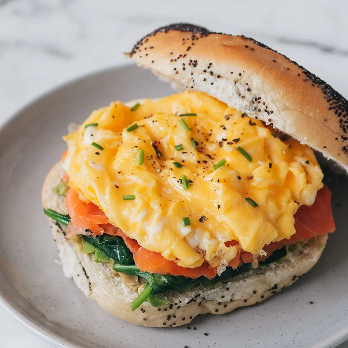 Smoked Salmon Scrambled Egg Bagel Sandwich