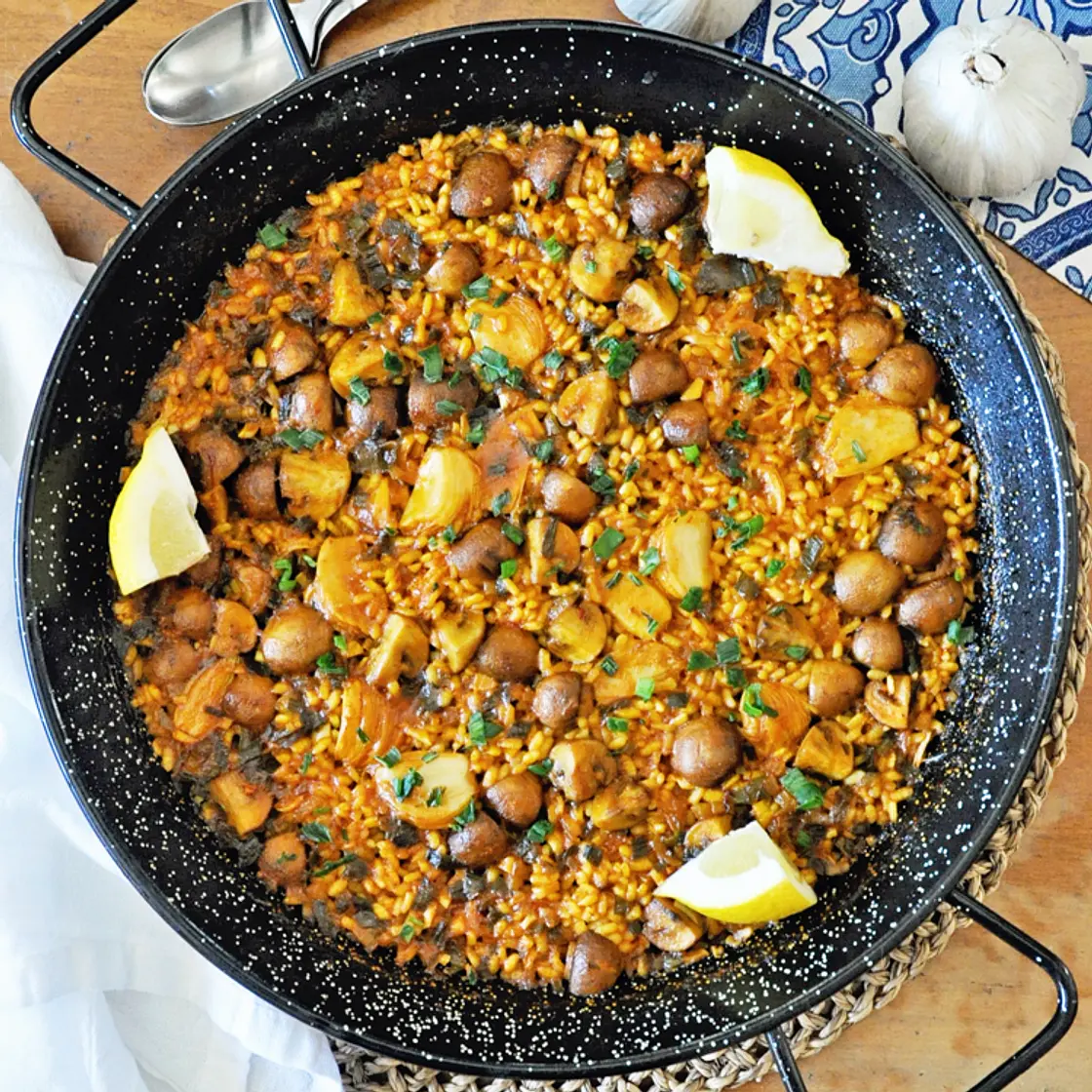 Spanish Vegan Paella with Portobello Mushrooms & Roasted Garlic