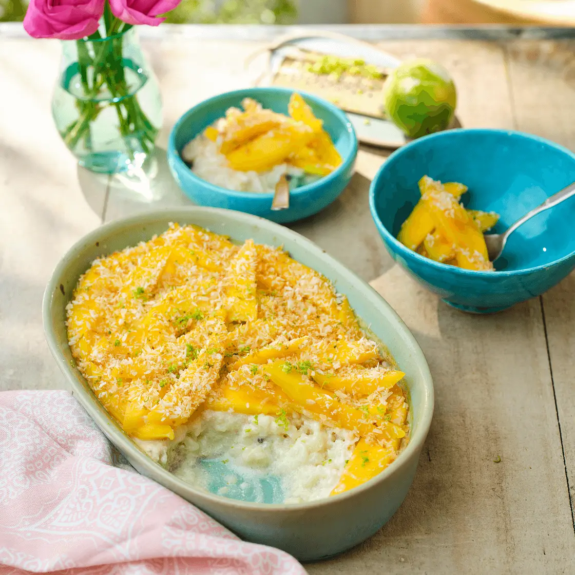 Mango, lime and coconut rice pudding