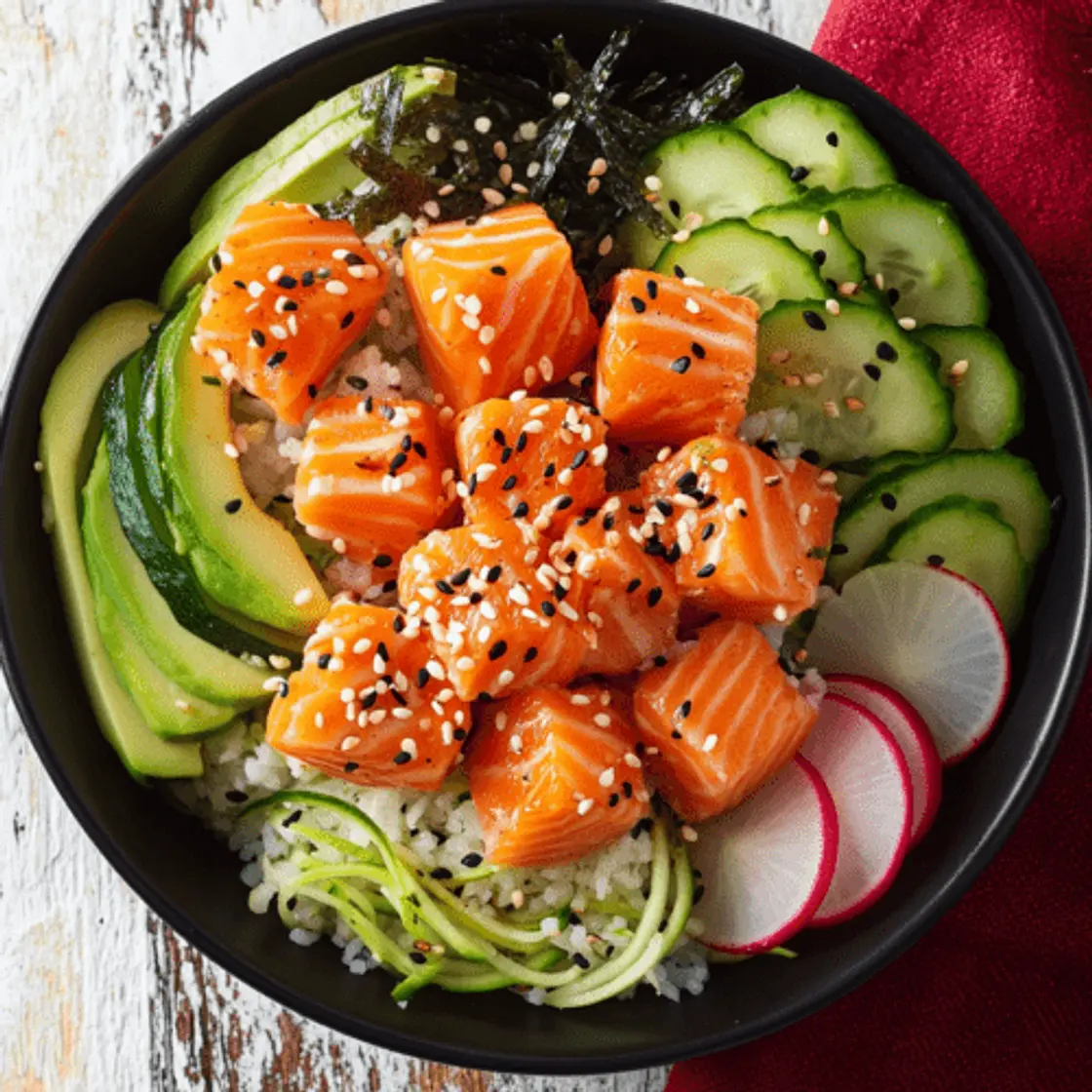 Poke Keto con Arroz de Coliflor y Salmón Marinado
