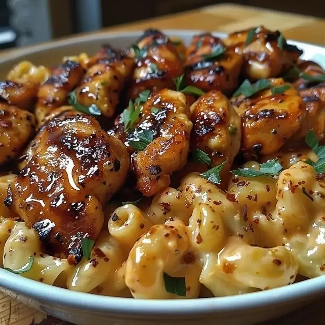 Sweet and Spicy Honey Pepper Chicken with Creamy Macaroni Cheese